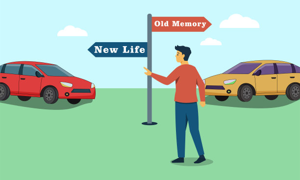 汽车置换概念扁平化矢量插画 - 男人选择新的人生方向，徘徊于旧的记忆与未来之间图片下载