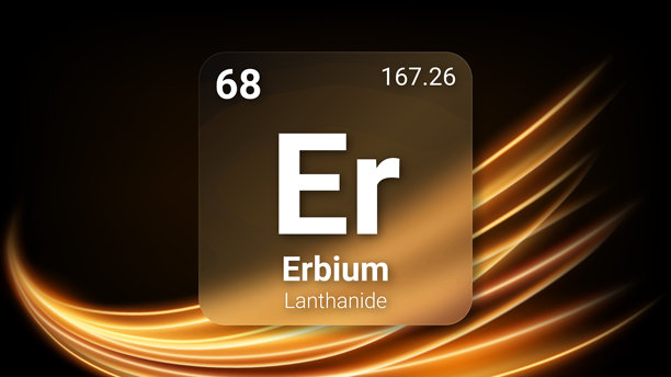 铒 (Er) (068) 镧系元素，玻璃形态元素，未来感霓虹灯发光背景，元素周期表，化学符号，名称，原子量，原子序数，矢量插画图片下载