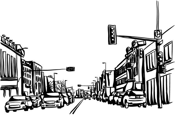 手绘黑白线条插画，描绘了停放着车辆的城市街道图片下载