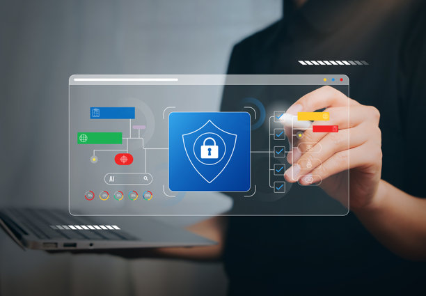 数据保护界面概念。手部与数字仪表盘及安全盾图标互动，隐私管理系统，人工智能安全工作流程，可信信息控制平台。图片下载