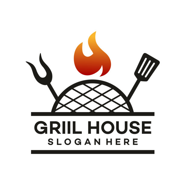 烧烤标志设计。烤肉、火焰和锅铲概念模板矢量扁平插画图片下载