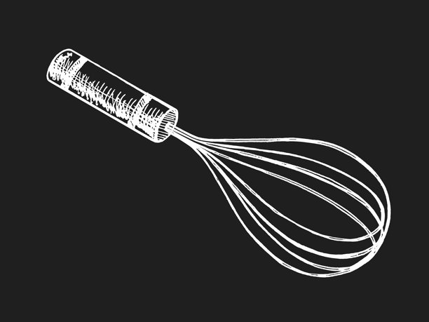 手绘复古风格的白色金属厨房打蛋器素描，背景为黑板，孤立的矢量插图图片下载