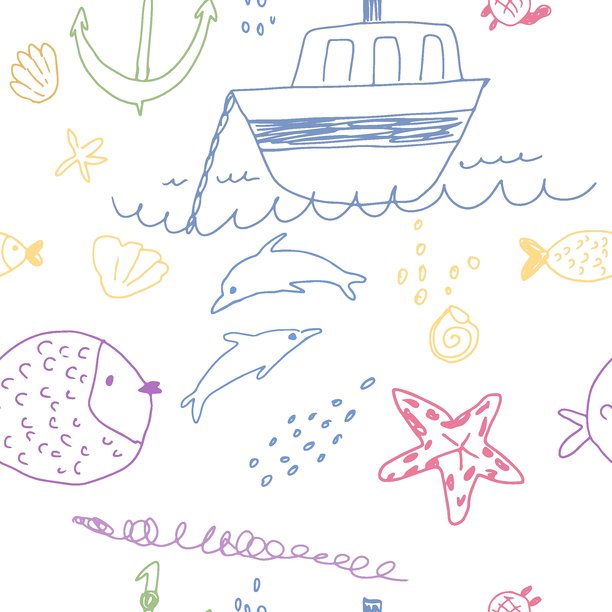 可爱的卡通无缝图案，儿童绘画风格。涂鸦素描草图，无限背景，适用于纺织品、面料和包装的矢量插画。图片下载