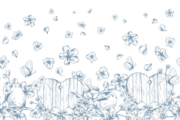 木心、苹果花和带着蝴蝶的鸟。手绘水墨风格插画，单色线条艺术样式。无缝边框图案，适用于婚礼和春季节日设计。图片下载