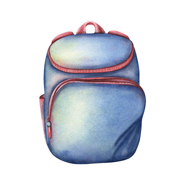 蓝色学校书包。手绘水彩插图，白色背景上独立呈现。非常适合教育项目、儿童设计、文具、包装、海报以及开学主题。图片下载