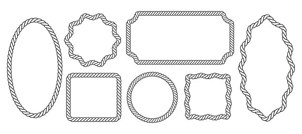 一套航海绳索边框，包含椭圆形、矩形和圆形，带有绳线纹理，适用于照片、图片、标签和海洋设计的扁平矢量小插图，背景为白色图片下载