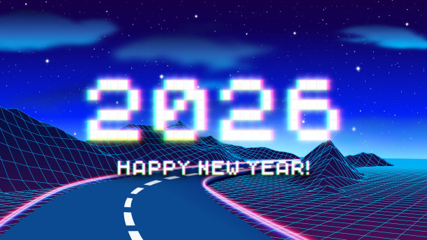 2026新年标志，带有故障发光像素和80年代风格网格山脉中的道路。冬季假期和年份更替的象征。图片下载