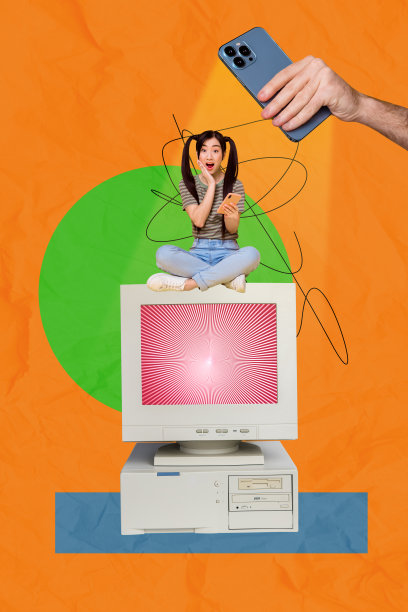 竖构图，现代风格，拼贴照片，震惊的商界女性坐在办公室电脑显示器前，一手拿着手机，自由职业者职业图片下载