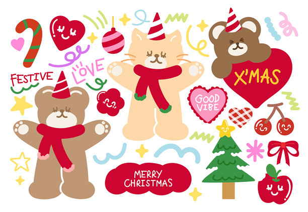 可爱圣诞新年矢量插画，泰迪熊和猫咪戴着红色围巾、派对帽，手持拐杖糖，装饰有红蝴蝶结、爱心、苹果、樱桃、星星、挂饰，涂鸦，圣诞树，适用于节日冬季图标、贴纸、装饰、卡通、角色设计图片下载