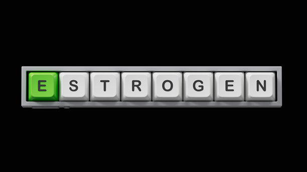 使用电脑键盘按键拼写的“ESTROGEN”一词的概念，电脑键盘按键特写，商业概念。在黑色屏幕上进行3D渲染，用于素材和剪辑路径。图片下载