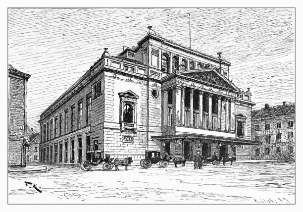 城市剧院（Stadttheater），前景为马车，历史建筑和街景，19世纪插画图片下载
