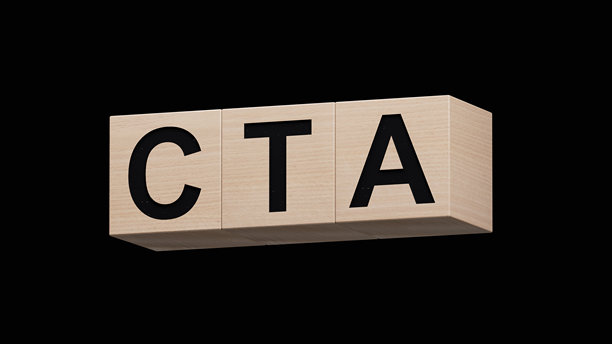 木质字母块在木板上拼出CTA（Call To Action）的缩写，黑色背景3D渲染，包含素材和抠图路径。图片下载