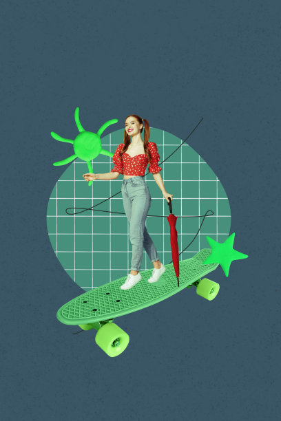 竖构图的当代风格照片拼贴，描绘一个快乐的女孩在夏天阳光明媚的天气里骑着长板，这是一项时尚爱好，在滑板公园里充满乐趣。图片下载