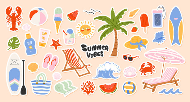 夏季海滩贴纸套装，包含龙虾、棕榈树、椅子、冰淇淋、冲浪板、包、螃蟹。用于海报设计、卡片、儿童房装饰、剪贴簿的度假旅行元素。矢量扁平化插画图片下载