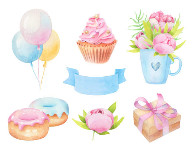 可爱的水彩庆祝剪贴画集，包含气球、纸杯蛋糕、甜甜圈、礼品盒、牡丹和丝带，粉彩手绘元素，适用于生日、派对、婴儿送礼会设计图片下载