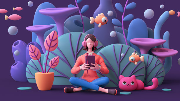 3D渲染：一名年轻女子戴着耳机，在家中通过平板电脑在线学习。照片中，一位身穿红色衬衫、蓝色牛仔裤的棕发女孩坐在深邃的海底，周围有粉色猫咪、鱼、海藻和珊瑚礁，背景为紫色。图片下载