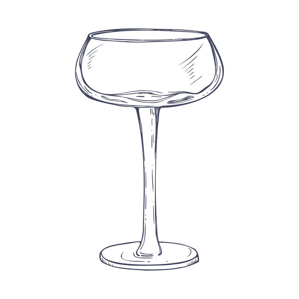 手绘轿车鸡尾酒杯黑色墨水画。优雅的酒杯，适合节日庆典。复古线条艺术插画，描绘酒精饮料容器，适用于菜单设计。图片下载