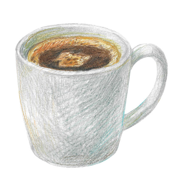 手绘咖啡杯插画，用于平面设计。白色咖啡杯。隔离的彩色铅笔插画，背景为白色。咖啡系列。图片下载