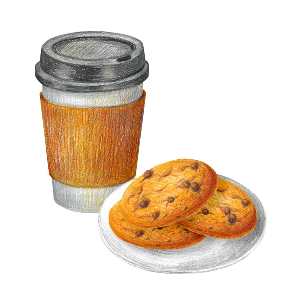 手绘纸杯咖啡和饼干盘插画，用于平面设计。白色背景上的彩色铅笔孤立插画。咖啡系列。图片下载
