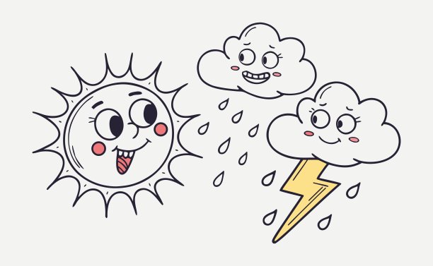 天气涂鸦矢量集 – 手绘太阳、云朵、雨水插画图片下载