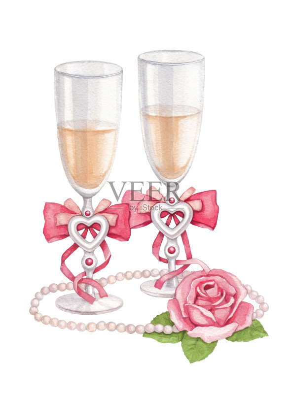 水彩画的婚礼香槟眼镜正版插画素材