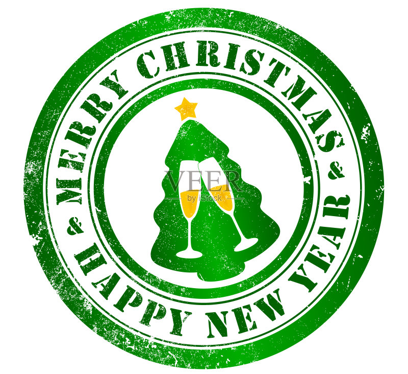 圣诞快乐，新年快乐邮票正版插画素材