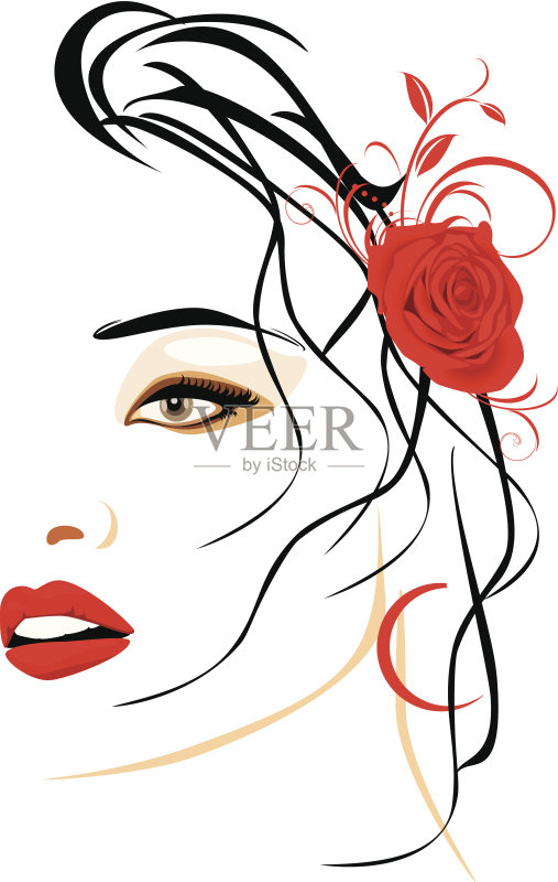 头发是红玫瑰的美女肖像正版插画素材