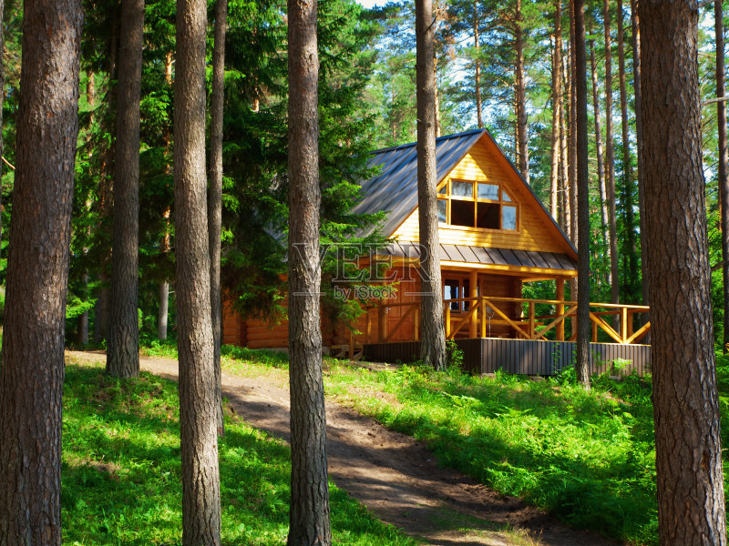 树林里的一间乡村小屋的照片正版图片素材