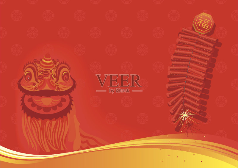 新年的背景-舞狮和鞭炮正版插画素材