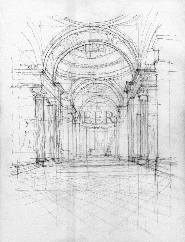 万神殿内部手绘图正版插画素材