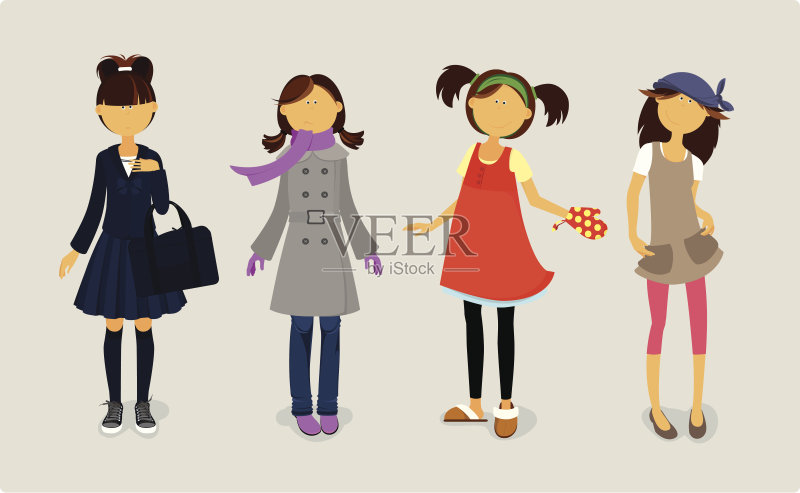 四个穿着时髦衣服的可爱女孩。正版插画素材