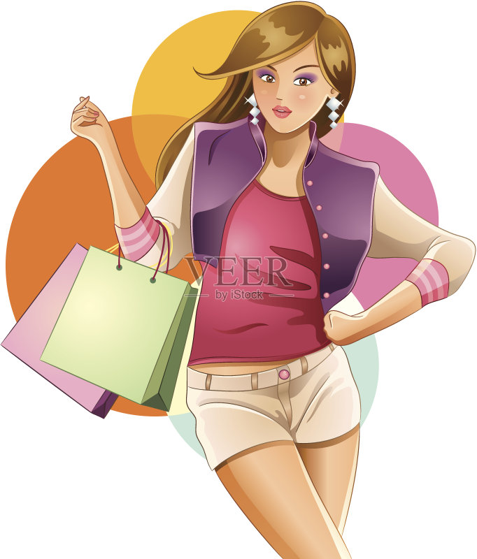 漂亮女孩喜欢购物正版插画素材