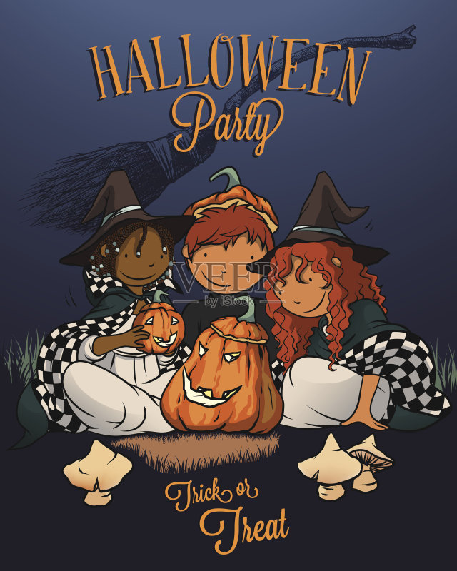 多民族儿童玩耍，万圣节儿童插图。正版插画素材