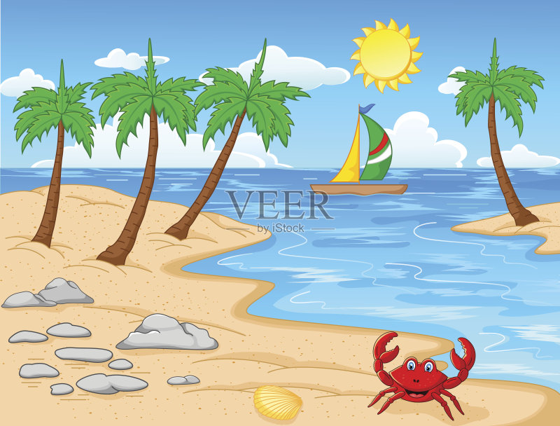 有棕榈树的海滩/热带海滩正版插画素材