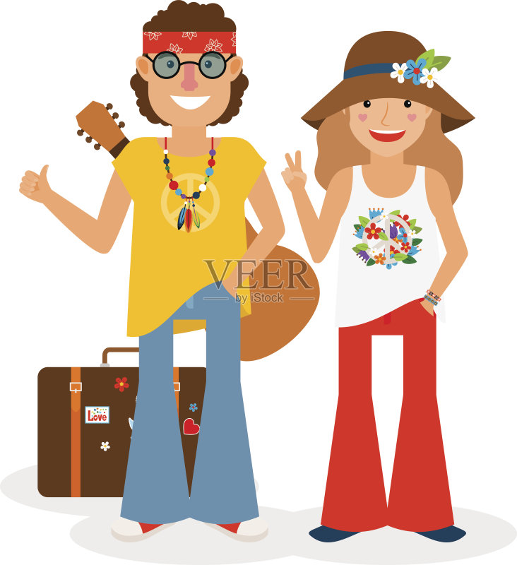 嬉皮士夫妇搭便车矢量插图正版元素素材