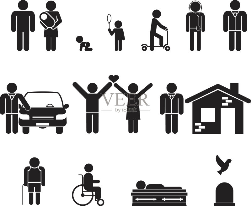 人生阶段：出生、青春期、青年、成年、老年、死亡图标素材