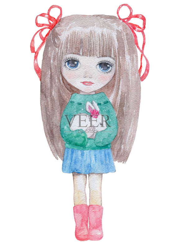 水彩画小女孩和兔子。正版插画素材