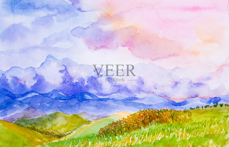山川景观用五颜六色的天空水彩画正版插画素材