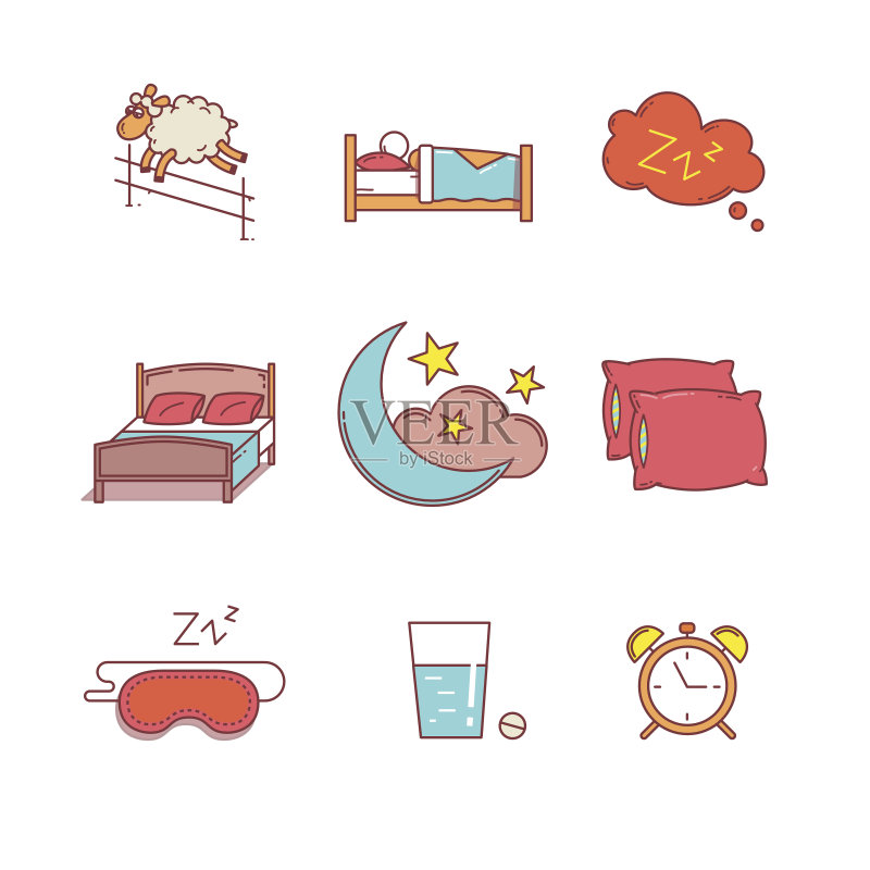 睡眠、睡前休息和床的细线条图标集图标素材