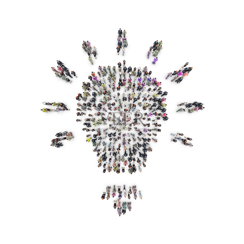 鸟瞰图，人们正以灯泡的形状分组。三维渲染正版图片素材