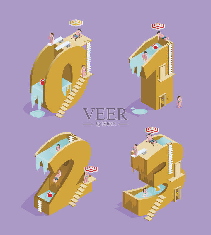 紫色背景上孤立的等距橙色数集。正版元素素材