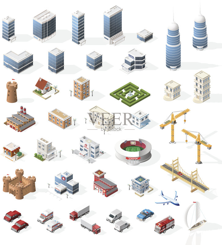 一套真实的等距高质量的城市元素地图。正版元素素材