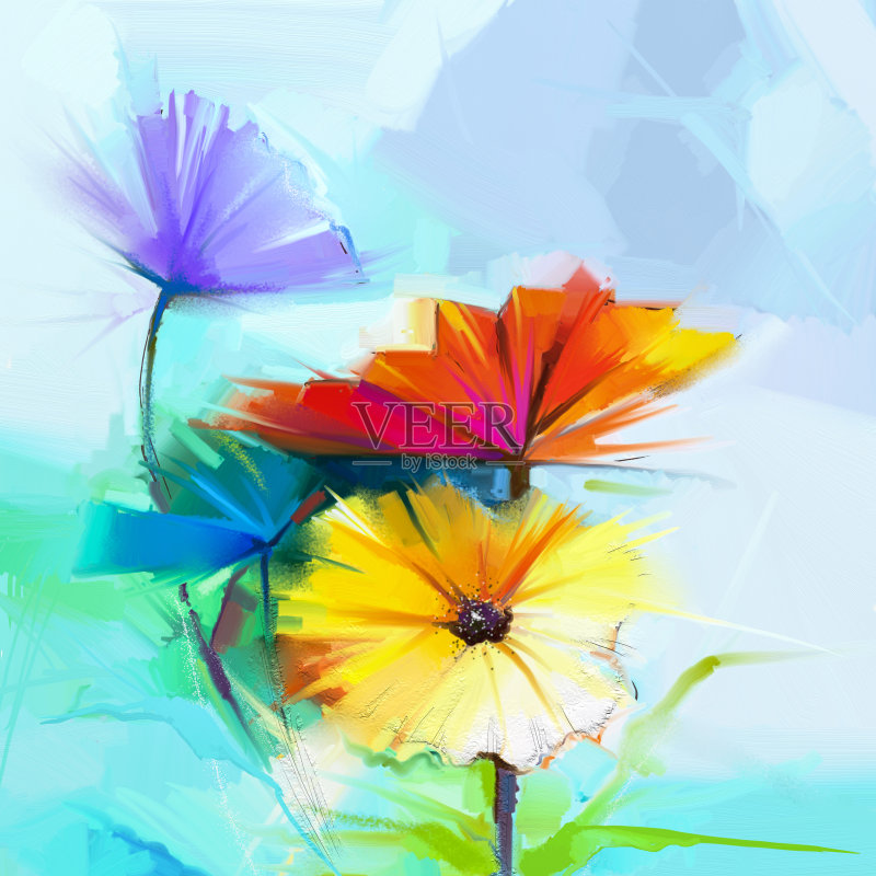 油画黄、粉、红的非洲菊、雏菊花正版插画素材