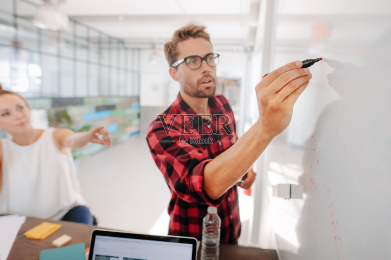 在白板上做演示的年轻高管正版图片素材