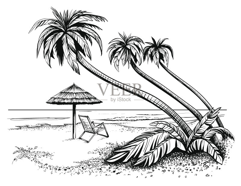 沙滩上有伞和棕榈树，画画。正版插画素材