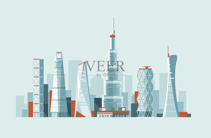 现代城市景观。不同高度的建筑物和摩天大楼。3 d风格。正版插画素材