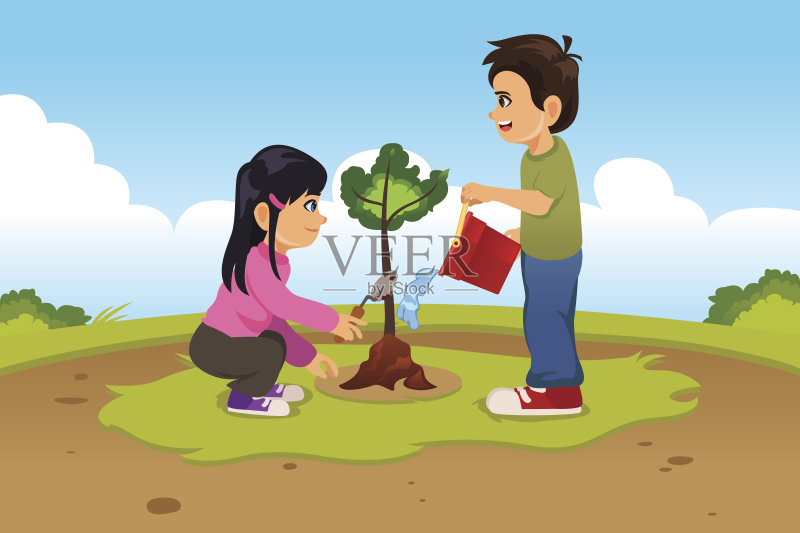 孩子们种植和浇灌一棵树正版插画素材