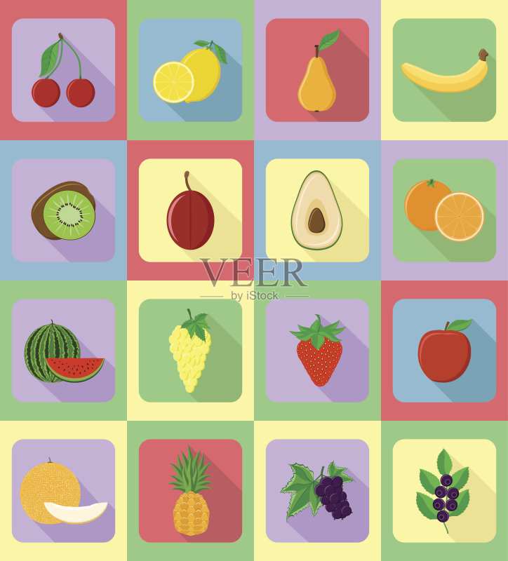 水果平面设置图标与阴影矢量插图正版插画素材