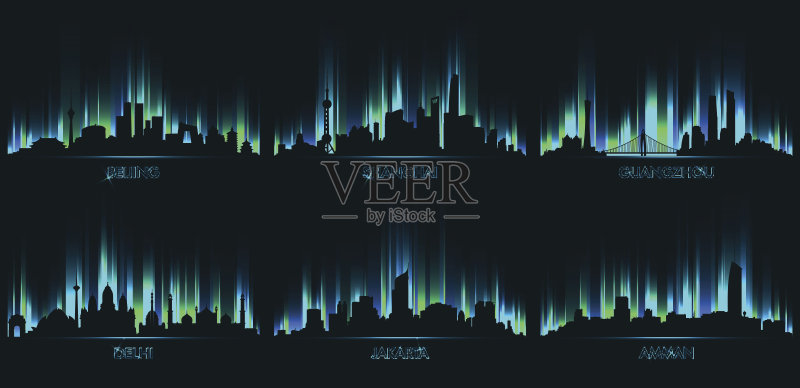 霓虹城市天际线，北京，上海，广州正版插画素材