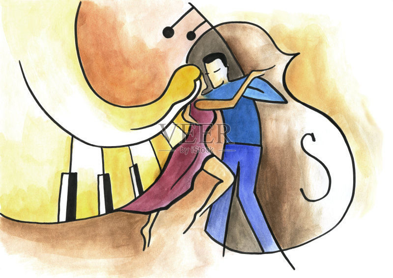 男人和女人在音乐背景下跳舞正版插画素材